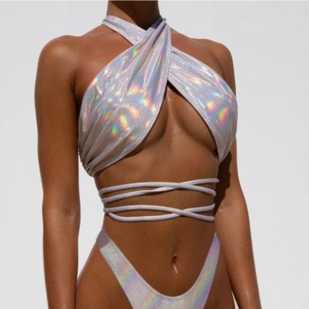 Halter crisscross backless metallic bikini set